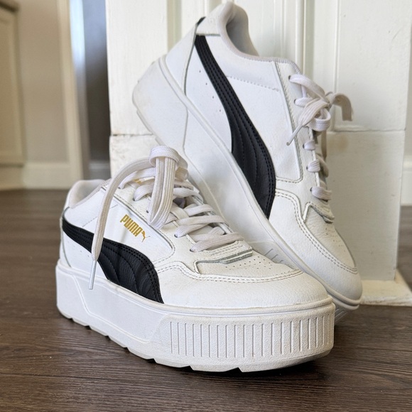 Puma Shoes - Puma White Platform Mayze Sneakers with Black Formstripe and Gold Logo 8.5